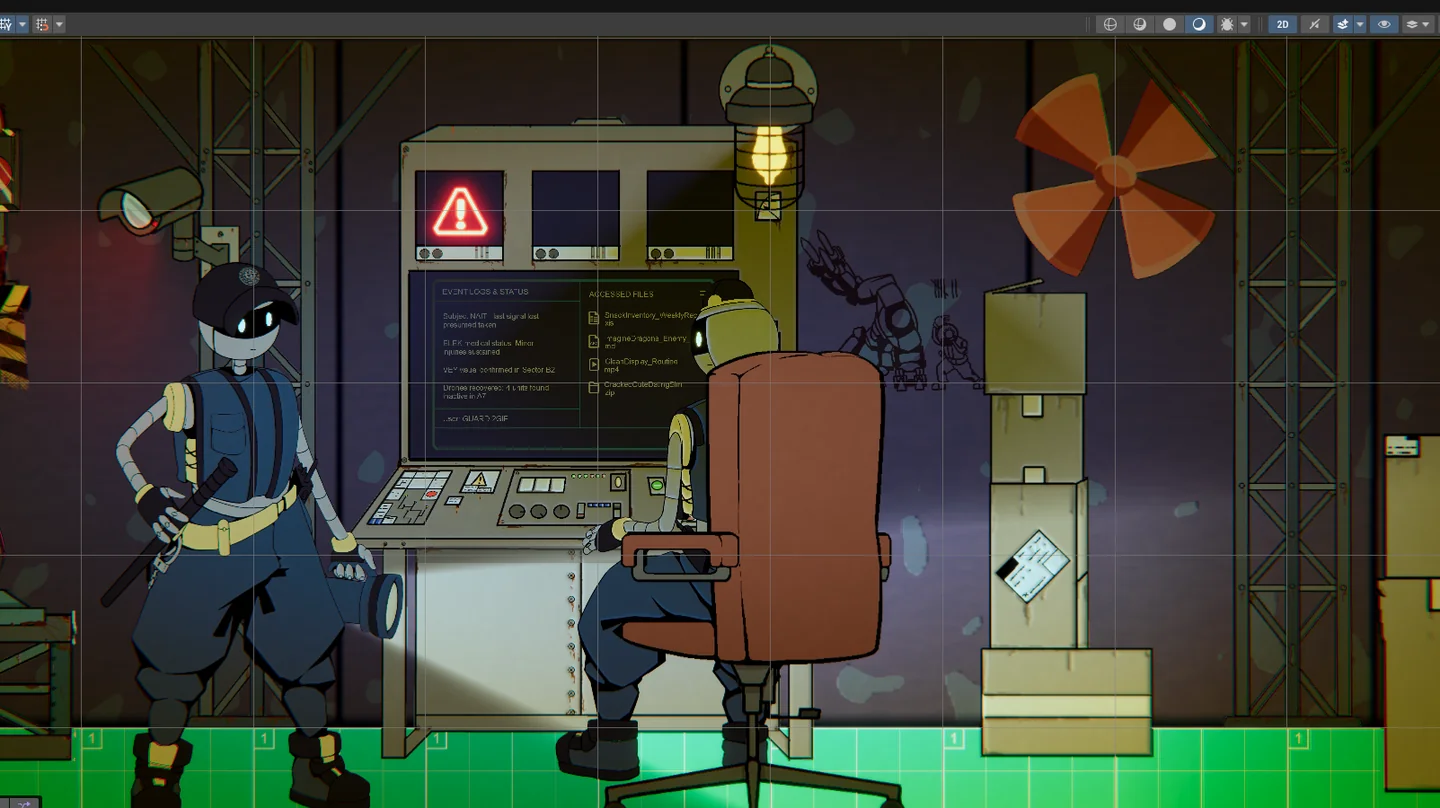 Early in-game environment showing an industrial control console, pipes, warm lamps, and bunker inhabitants.