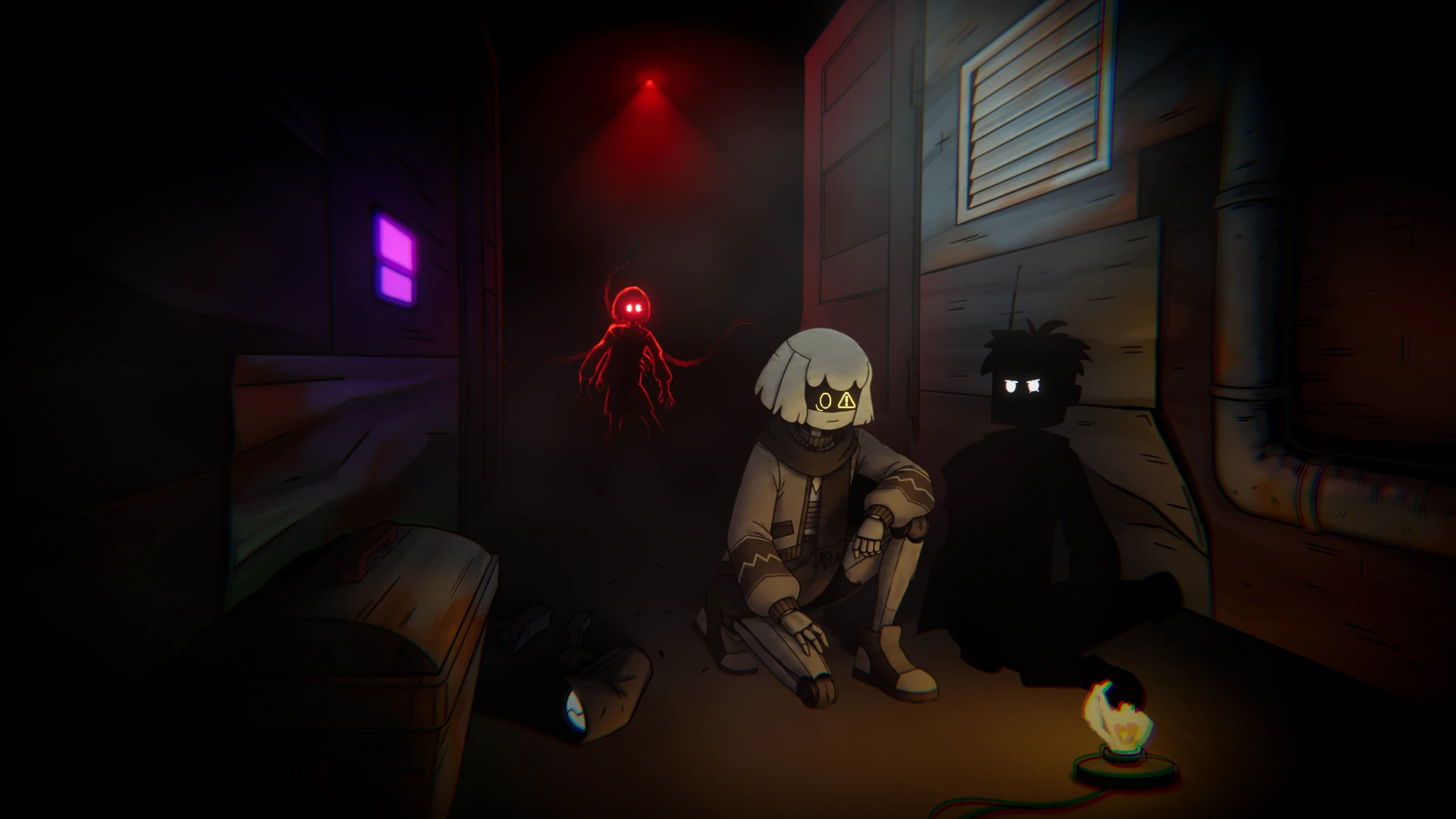 Vey and Nait share a quiet moment beside a small light in a dark bunker corridor.