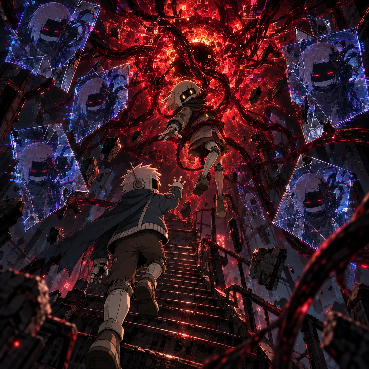 Vey is pulled by Solution as Nait reaches to save her amid red light, dark tendrils, and fractured images.