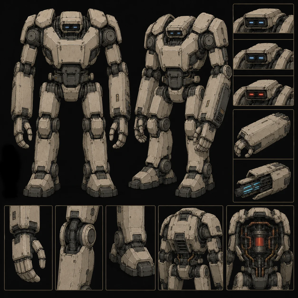 Design sheet showing the security droid’s heavy armour, mechanical limbs, and red eye.