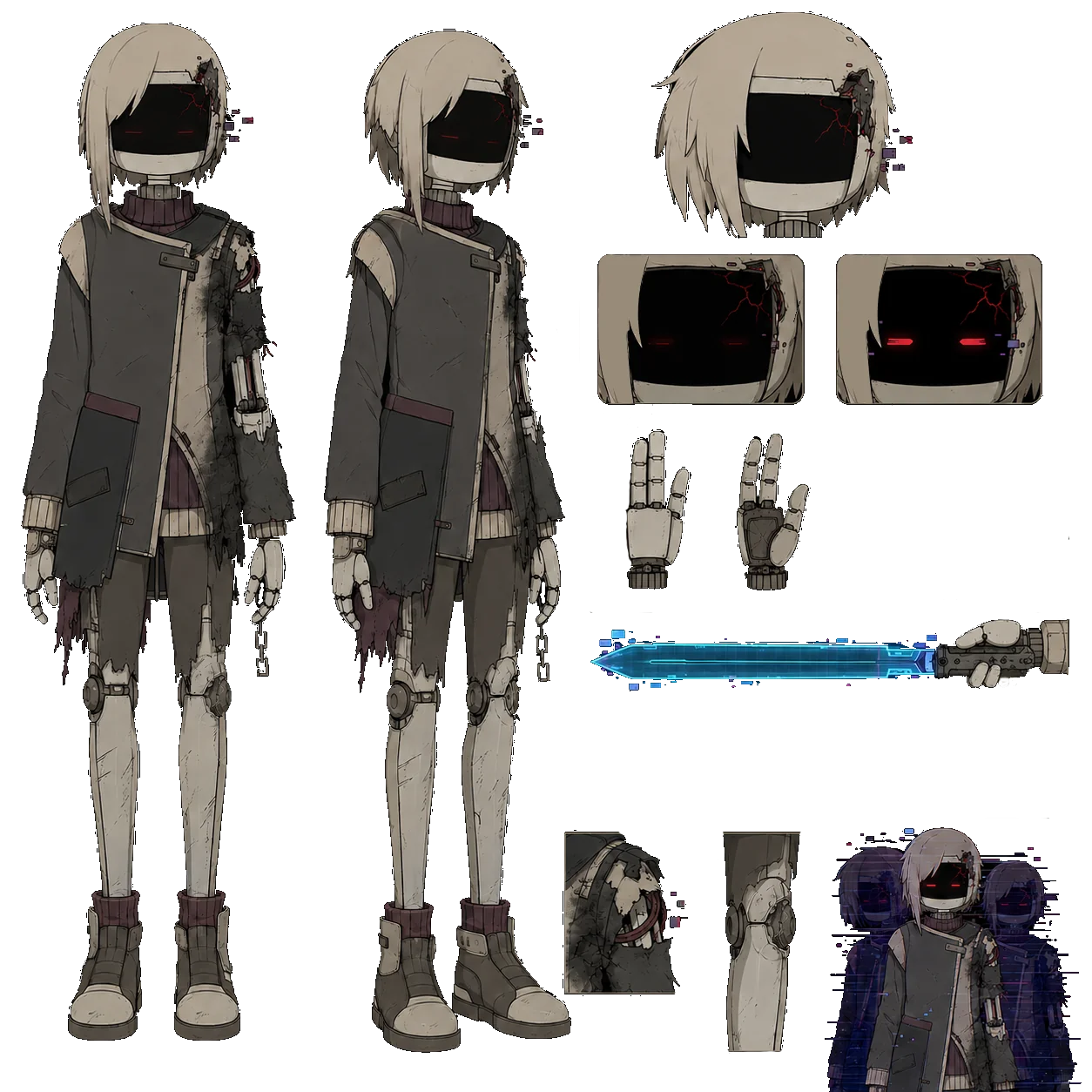 Sprite sheet of a damaged humanoid drone with pale hair, red eyes, mechanical limbs, and blue blade studies.