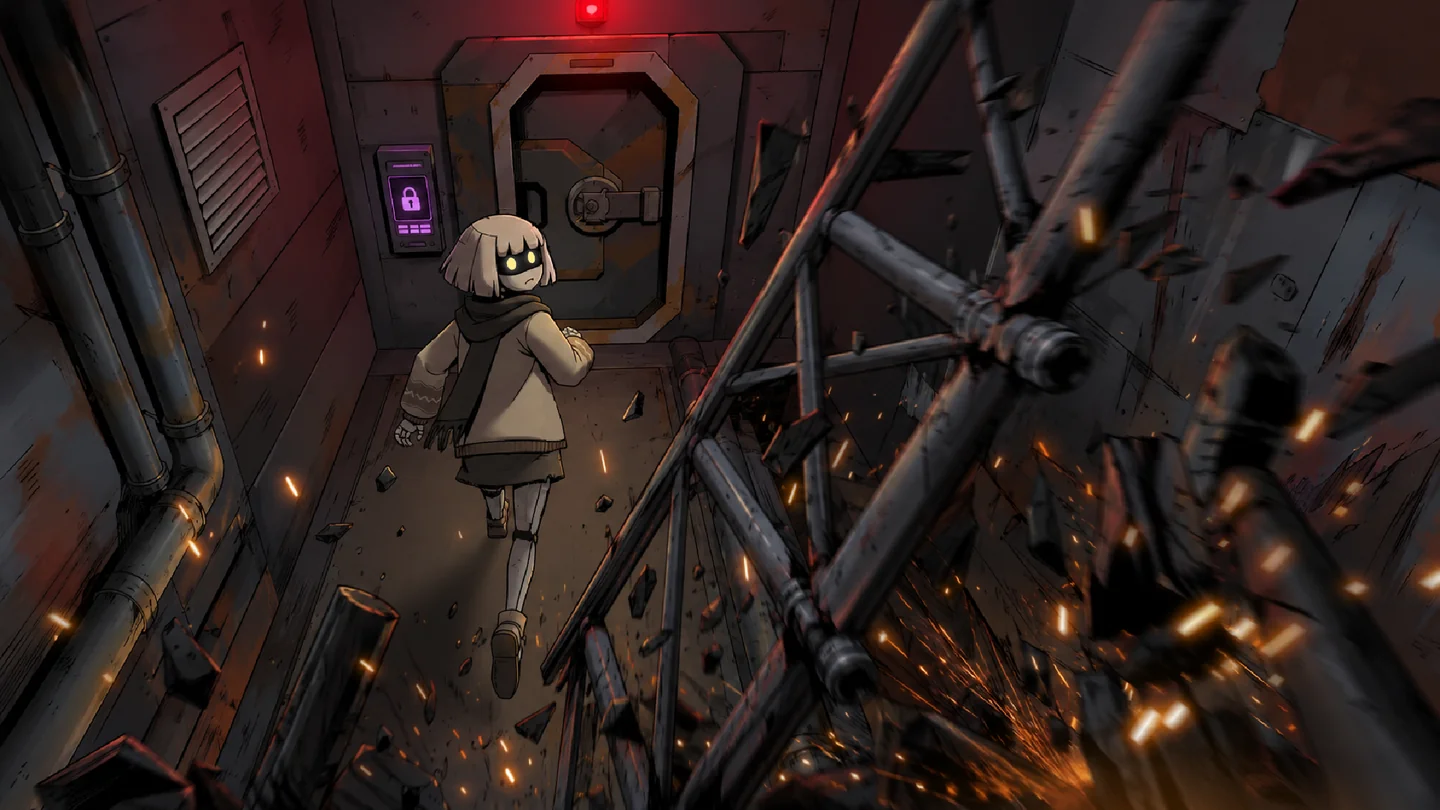 Vey leaps across a damaged industrial walkway amid sparks and falling metal.