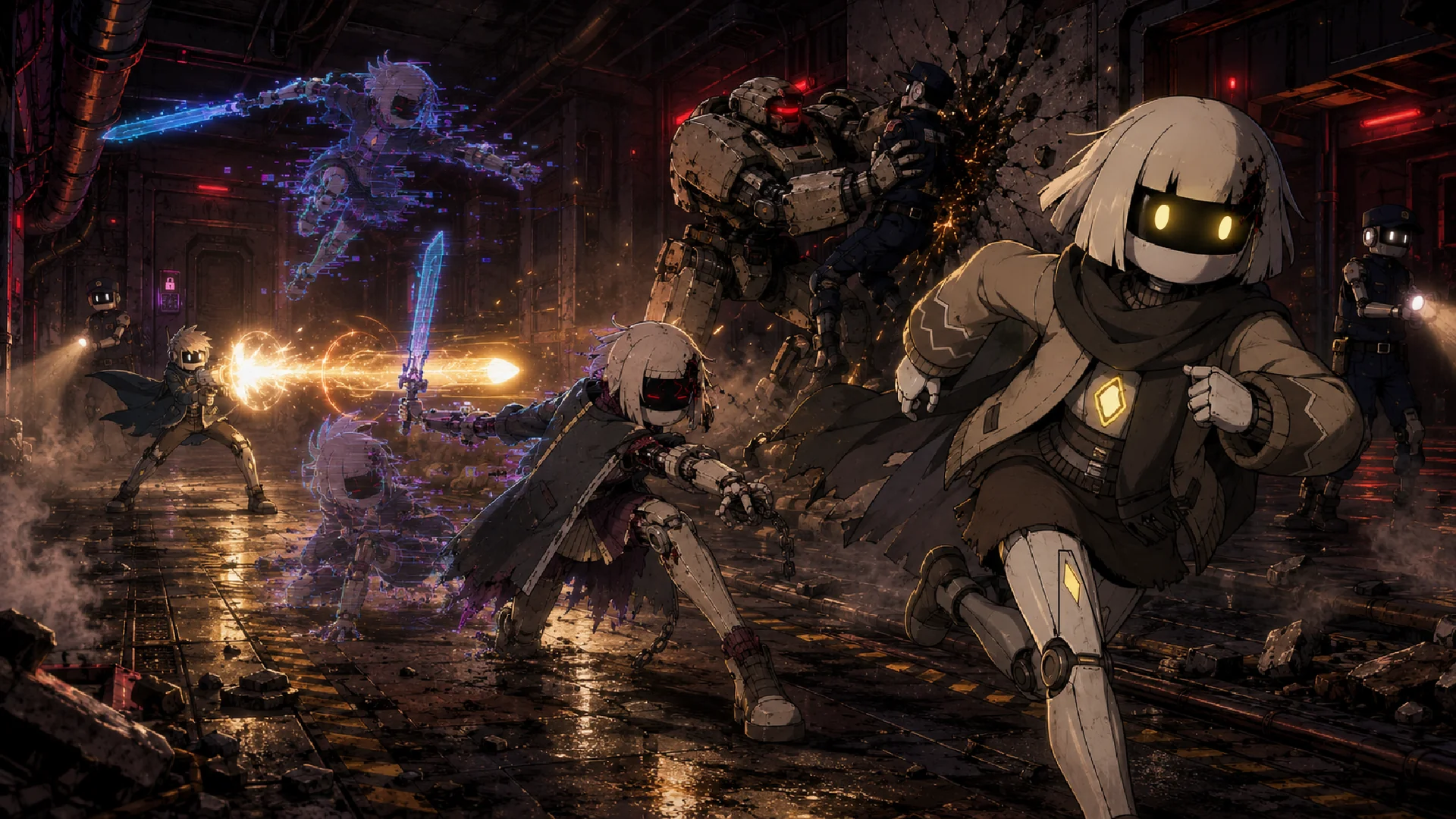 Vey and Nait flee through a ruined bunker, pursued by a towering security droid and luminous drones.