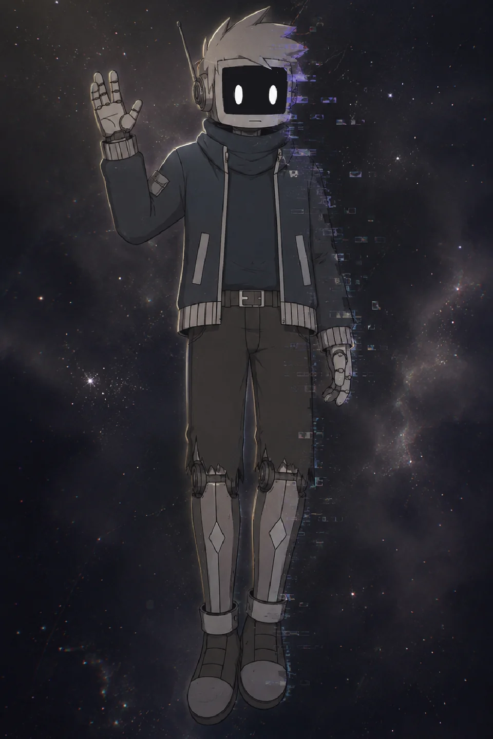 Nait stands in a dark void, his outline dissolving into scattered fragments of light.